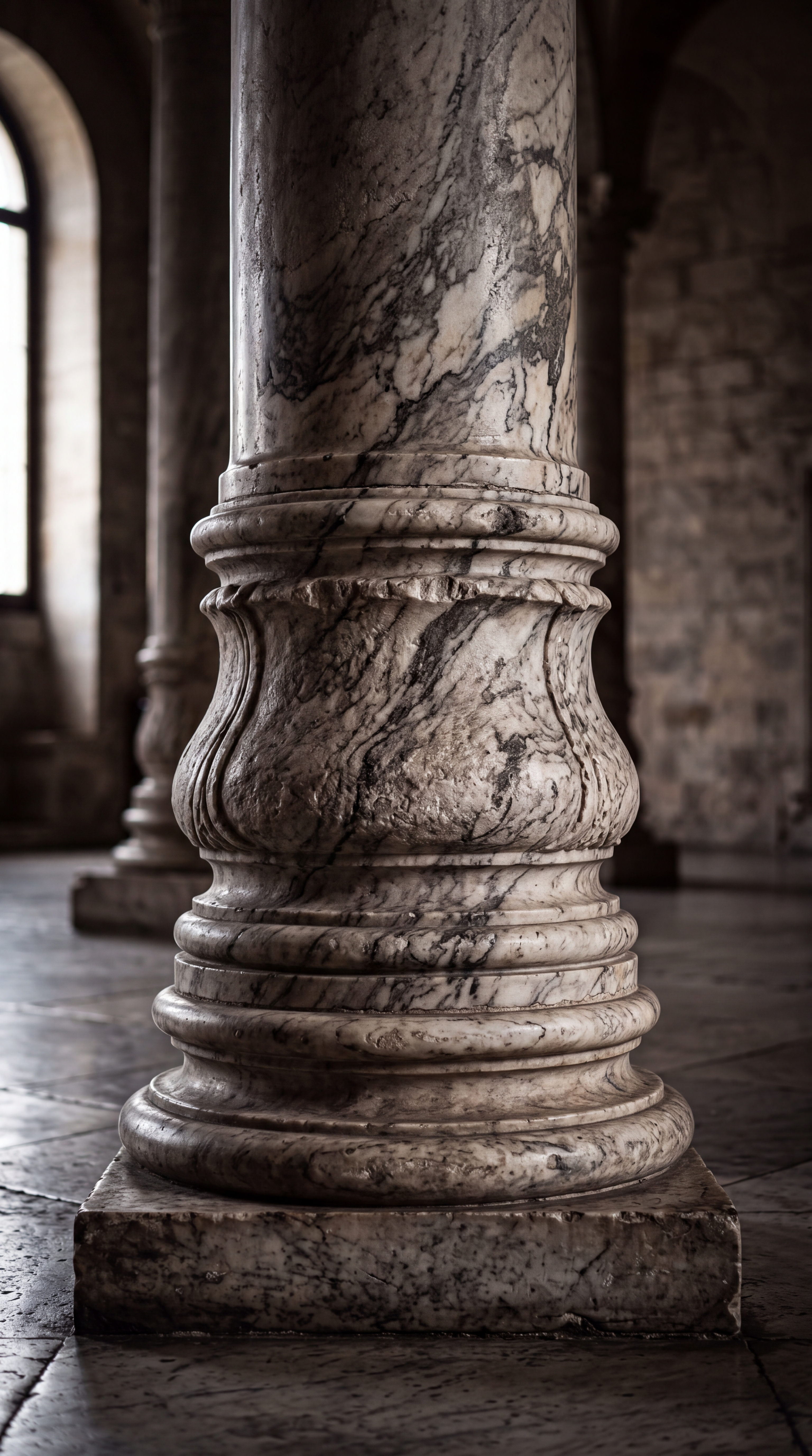 A close-up view of a marble column in an interior space.