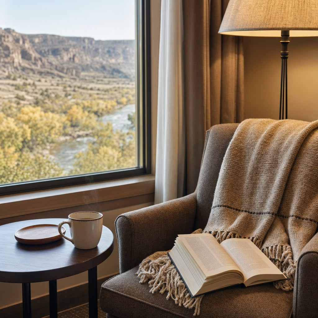 A cozy reading nook featuring a chair, a book, a cup of coffee, and a scenic view of a river and mountains outside the window.