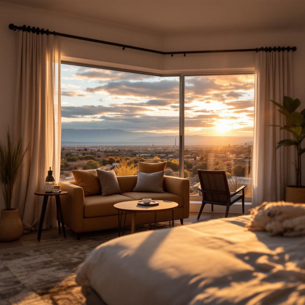A cozy interior view of a room with a sunset visible through large windows.