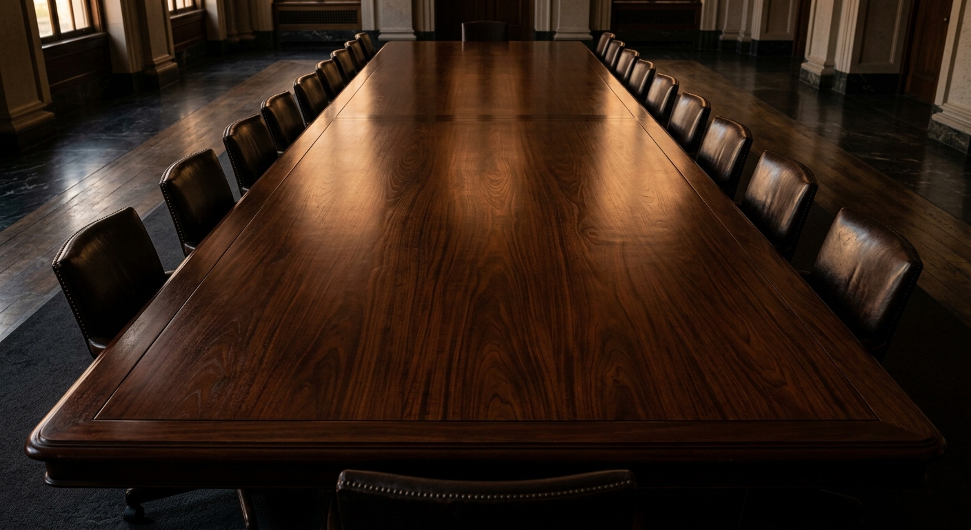 A large wooden conference table surrounded by chairs in a formal setting.