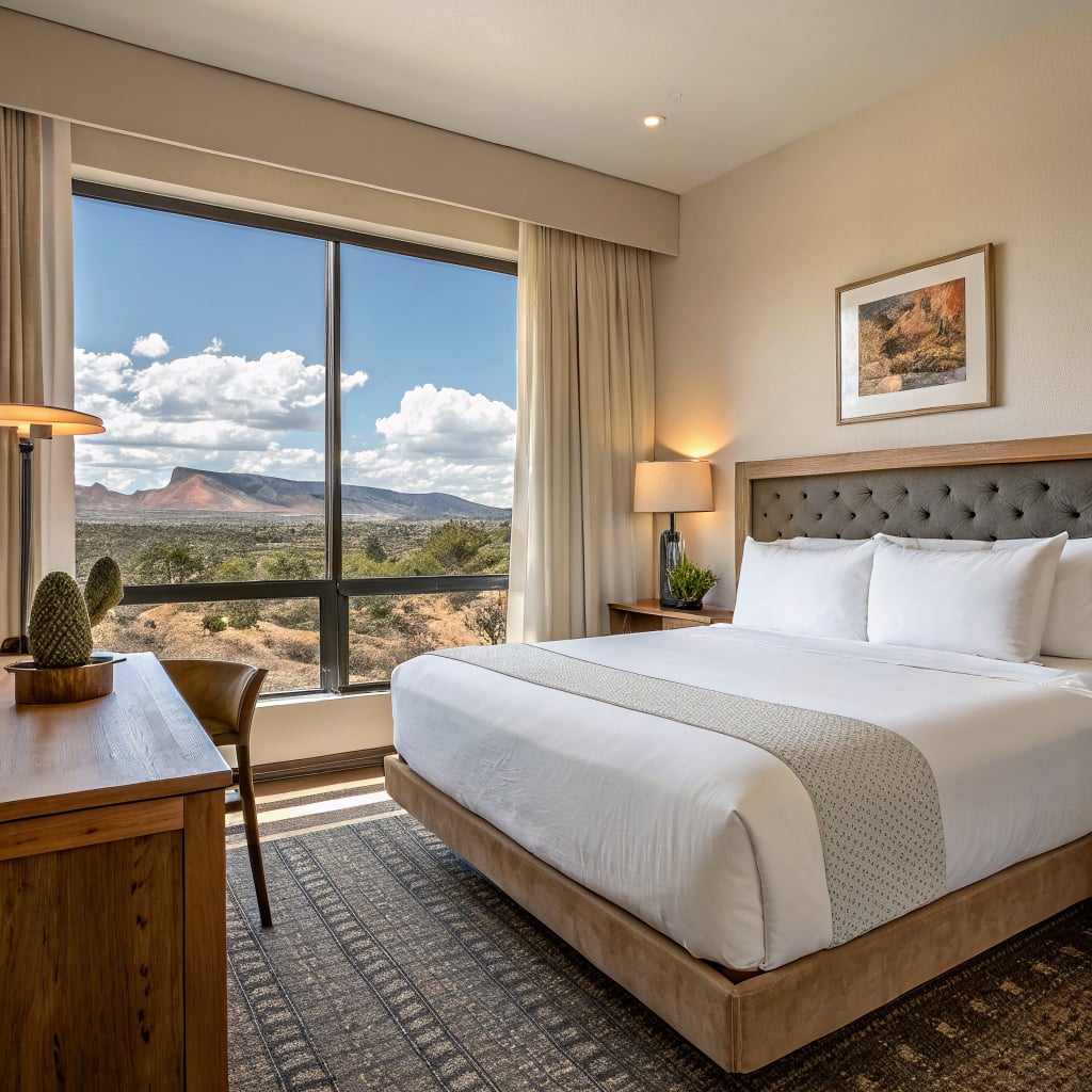 A modern hotel room featuring a large window with a view of mountains.