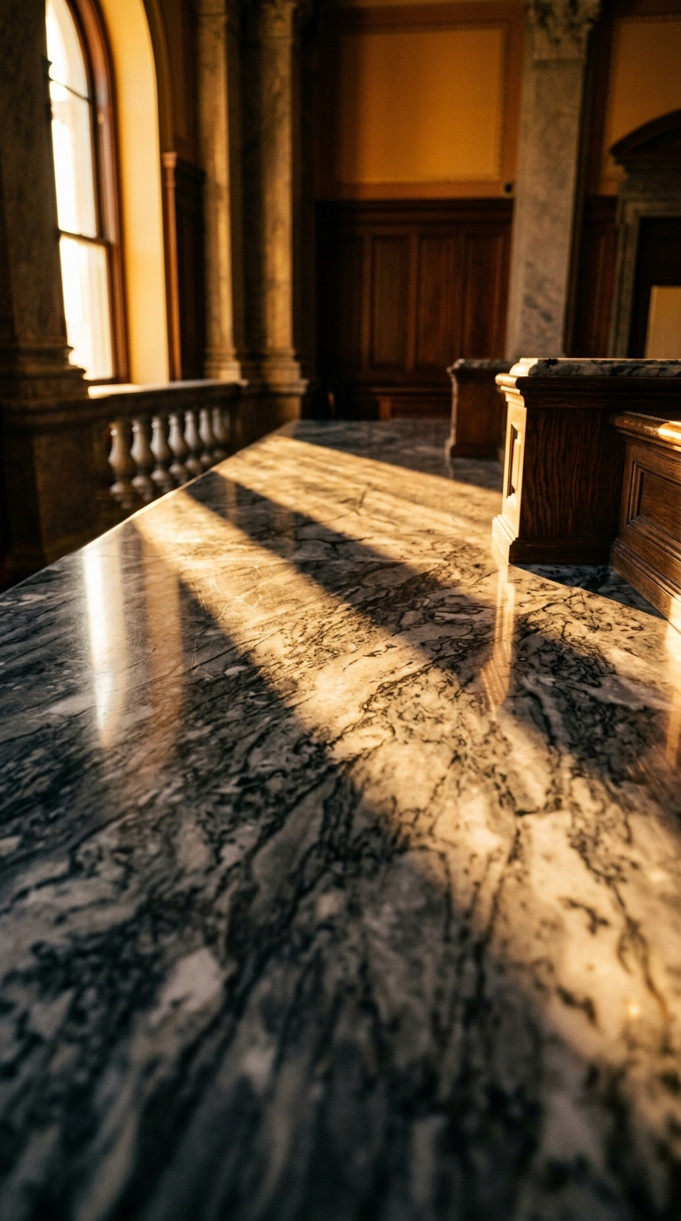 A close-up view of a marble countertop with sunlight casting shadows.