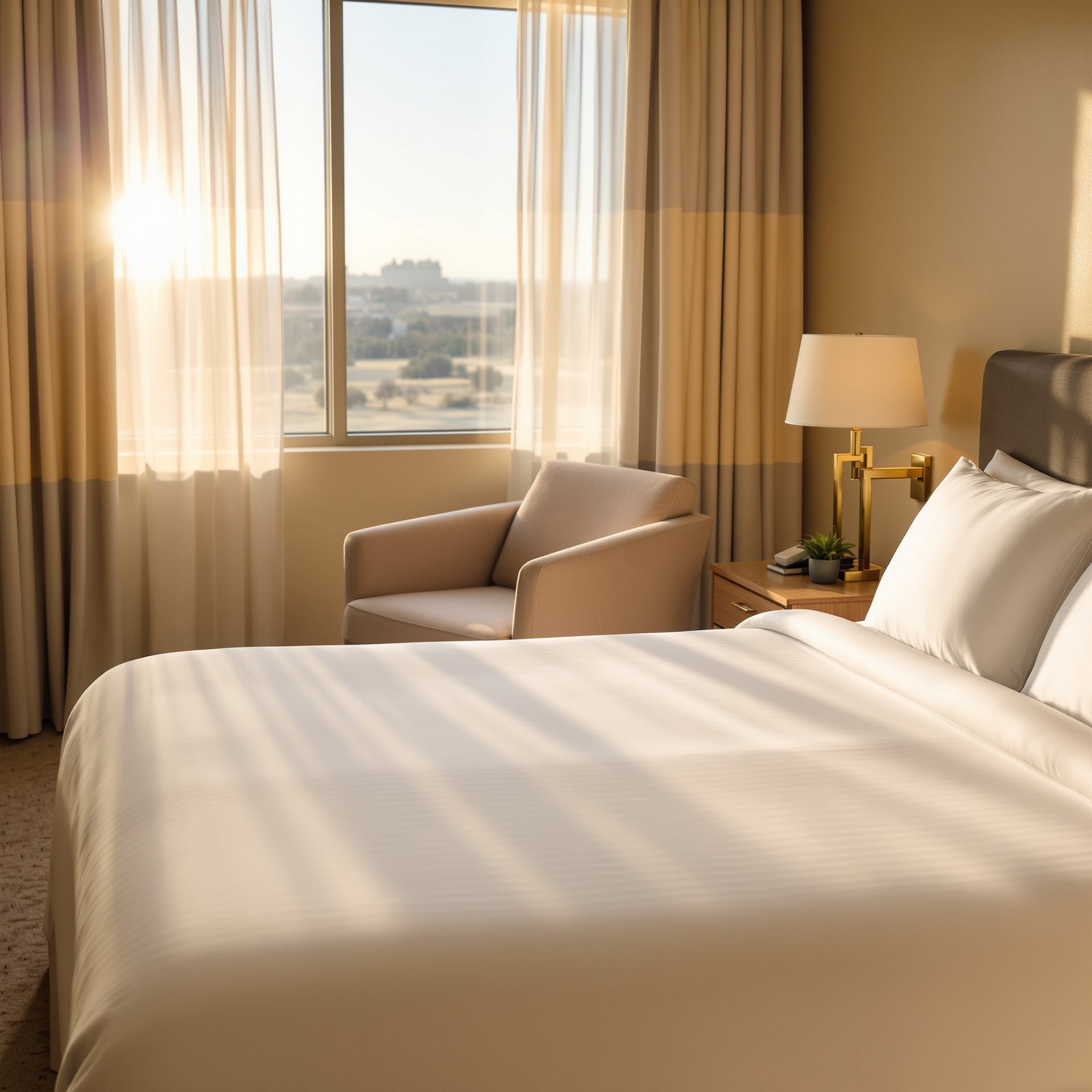 A well-lit hotel room featuring a bed, armchair, and window with a view.