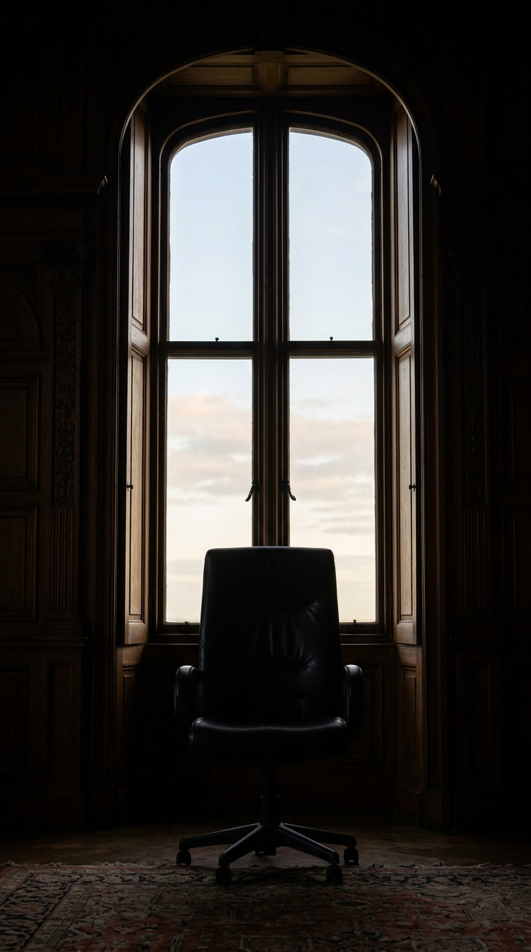 A black office chair is positioned in front of a large window with wooden framing.