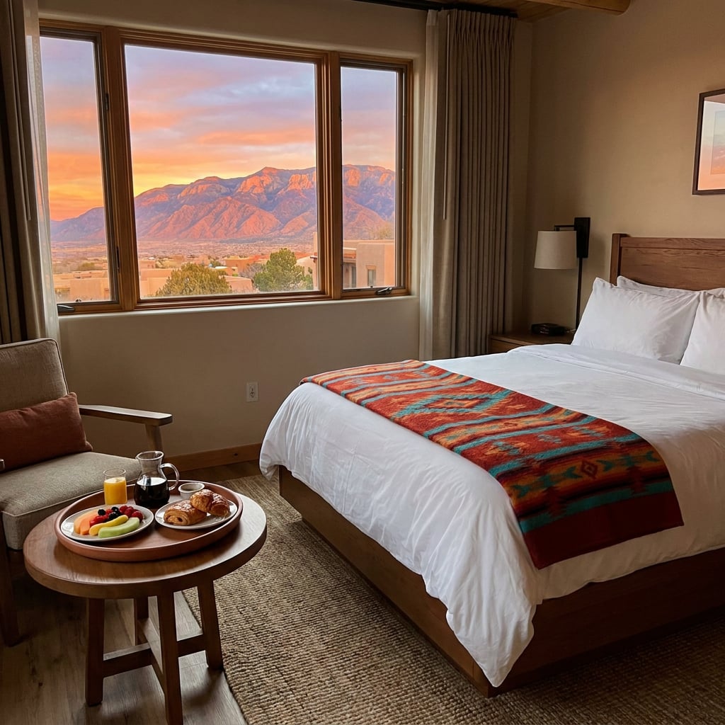 A cozy hotel room featuring a bed with a colorful blanket and a view of mountains at sunset.