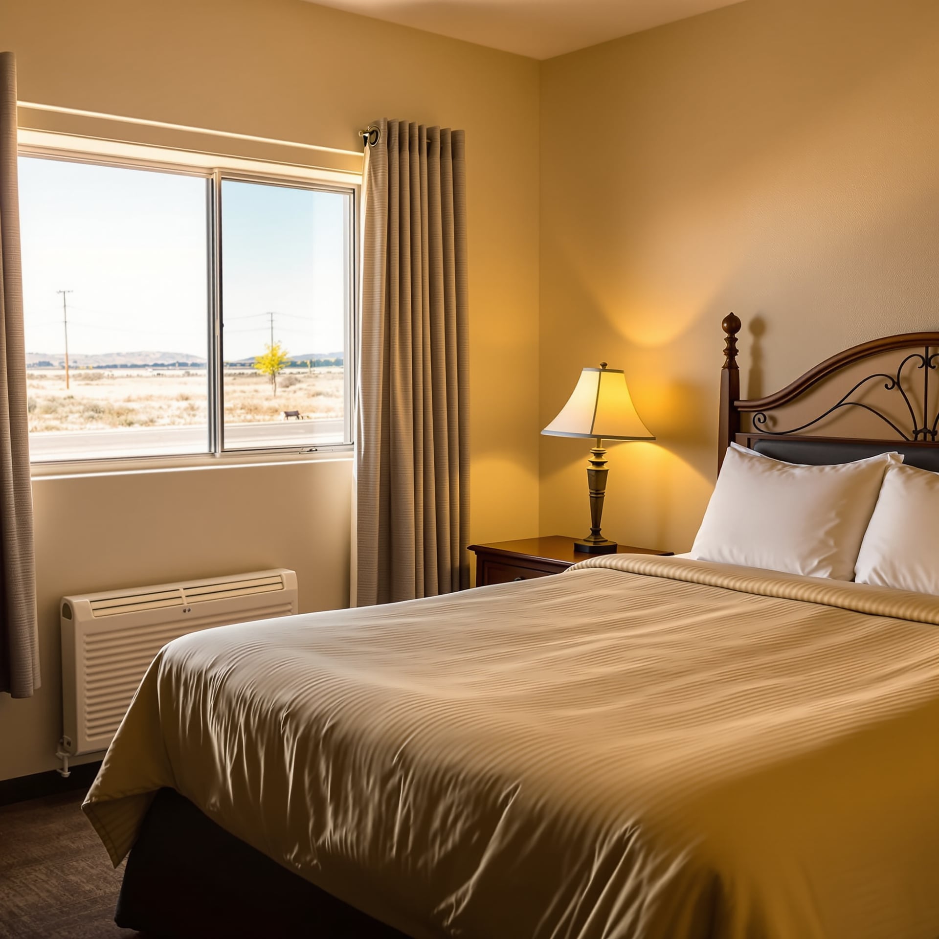 A well-lit hotel room featuring a bed, lamp, and window with a view.