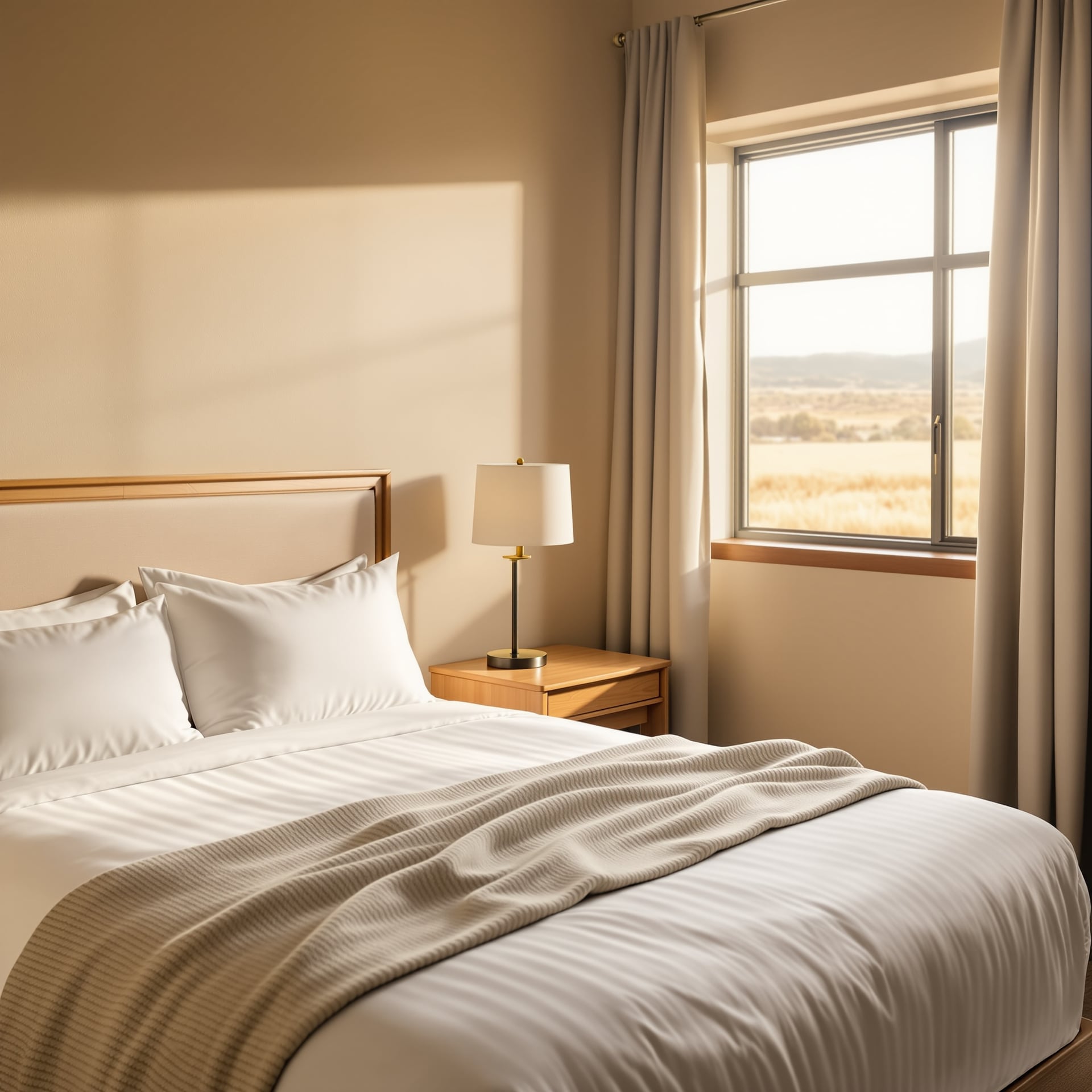 A well-lit hotel room featuring a bed with white linens and a window overlooking a landscape.