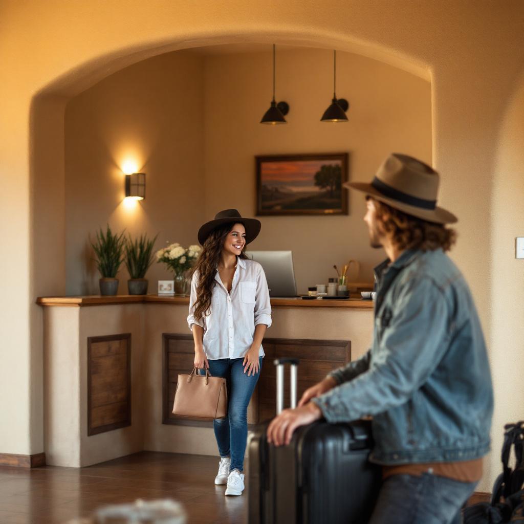 A woman with a handbag smiles at the reception desk while a man stands nearby with luggage.