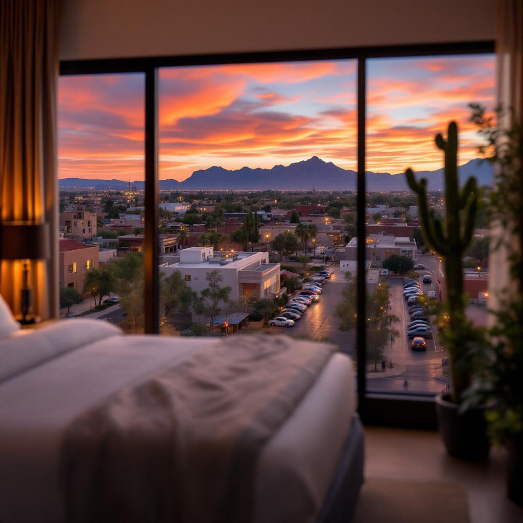 A view from a hotel room showcasing a sunset over a city with mountains in the background.