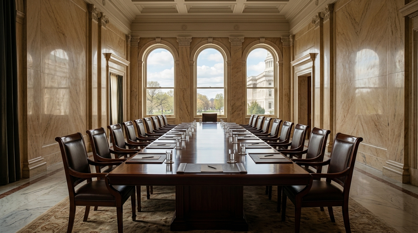 A large conference room with a long wooden table and chairs, featuring tall windows and marble walls.