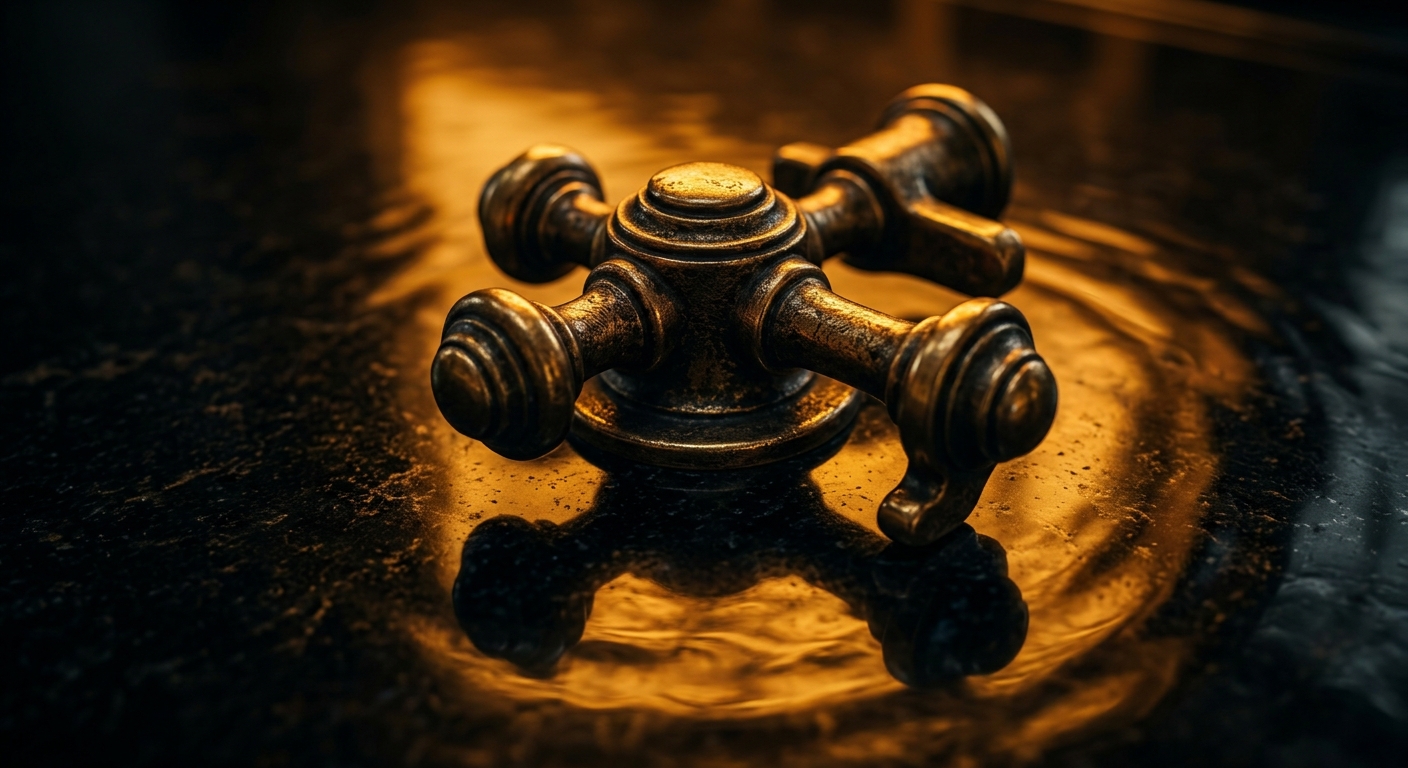 A close-up of a vintage faucet handle on a dark surface with water ripples.