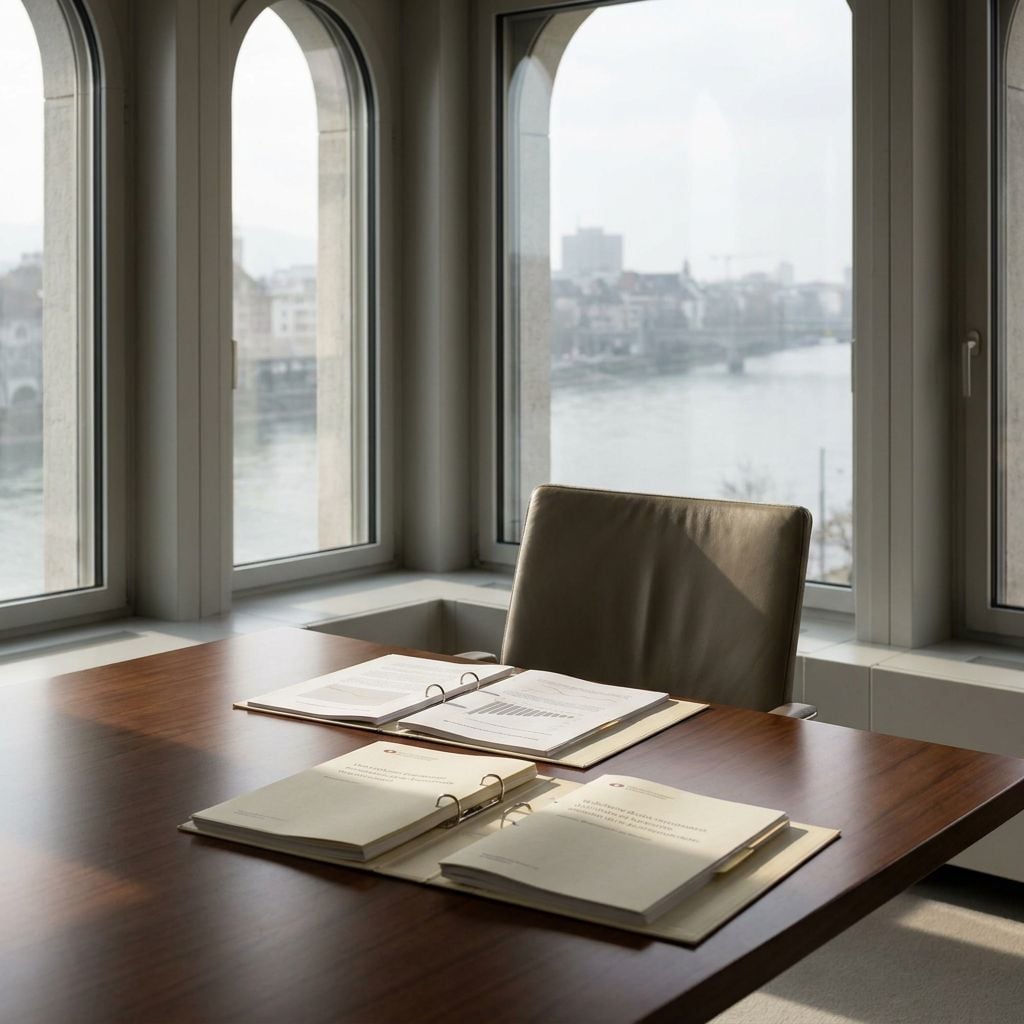 A modern office space with a wooden table, documents, and a view of a river through large windows.
