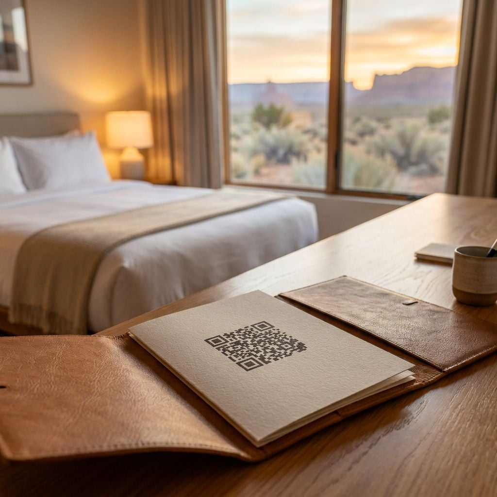 A hotel room with a view of a desert landscape at sunset, featuring a QR code on a desk.