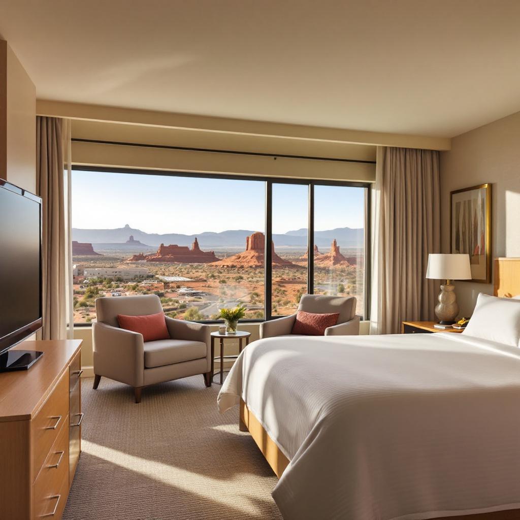 A hotel room with a view of desert landscapes and rock formations.