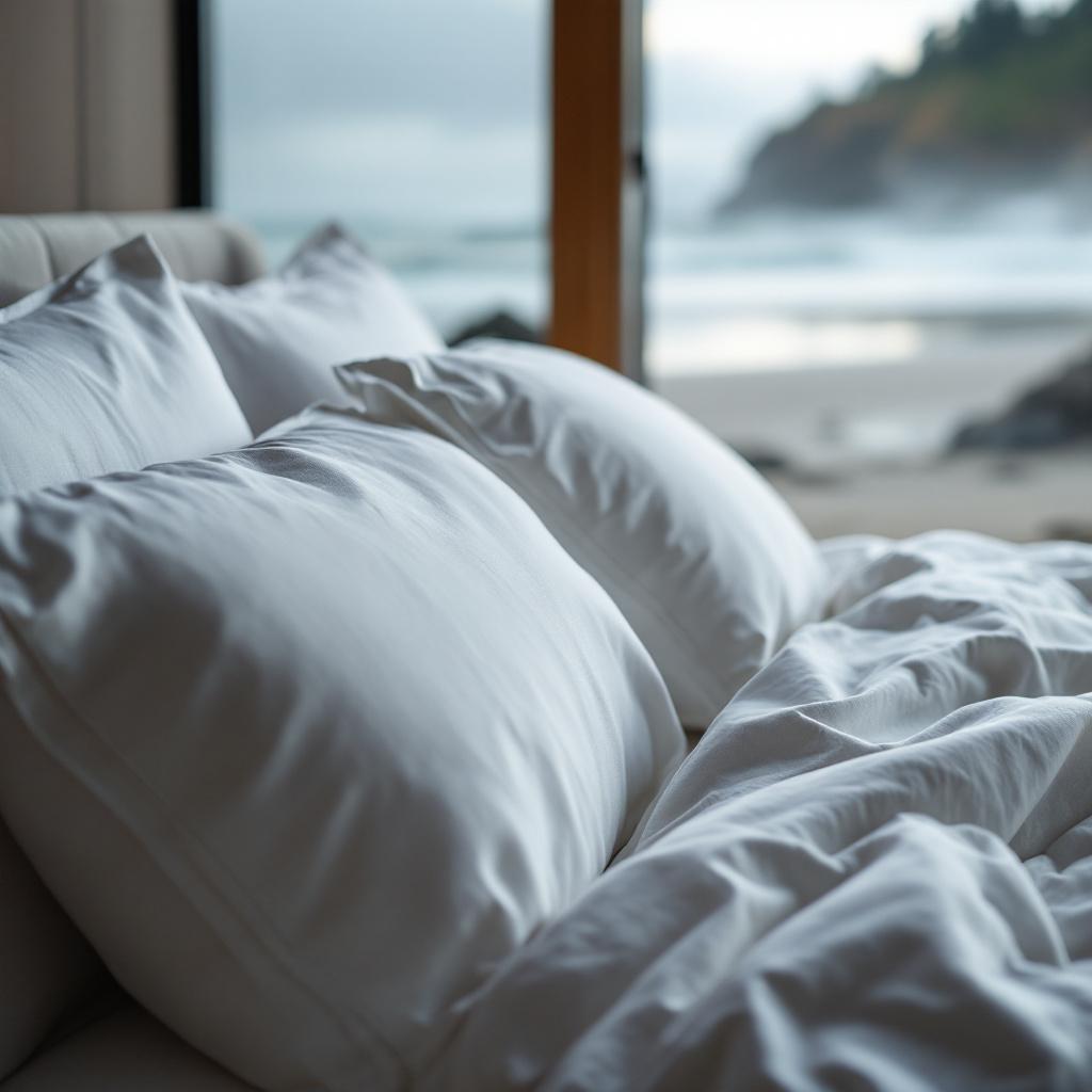 A close-up view of white pillows and bedding with a blurred ocean view in the background.