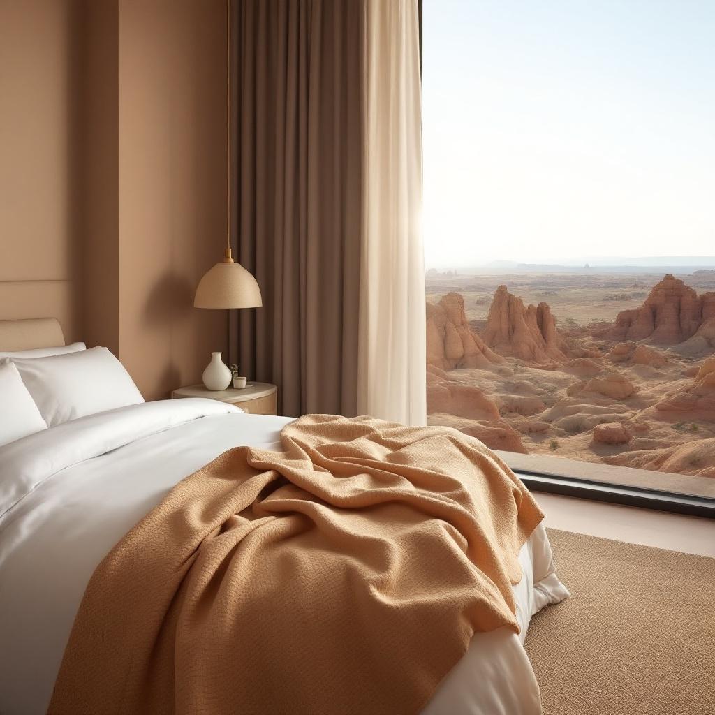 A modern hotel room featuring a bed with a beige blanket and a large window showcasing a desert landscape.