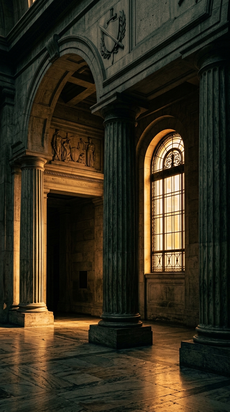 An interior view of a grand architectural space featuring columns and a large window with light streaming in.