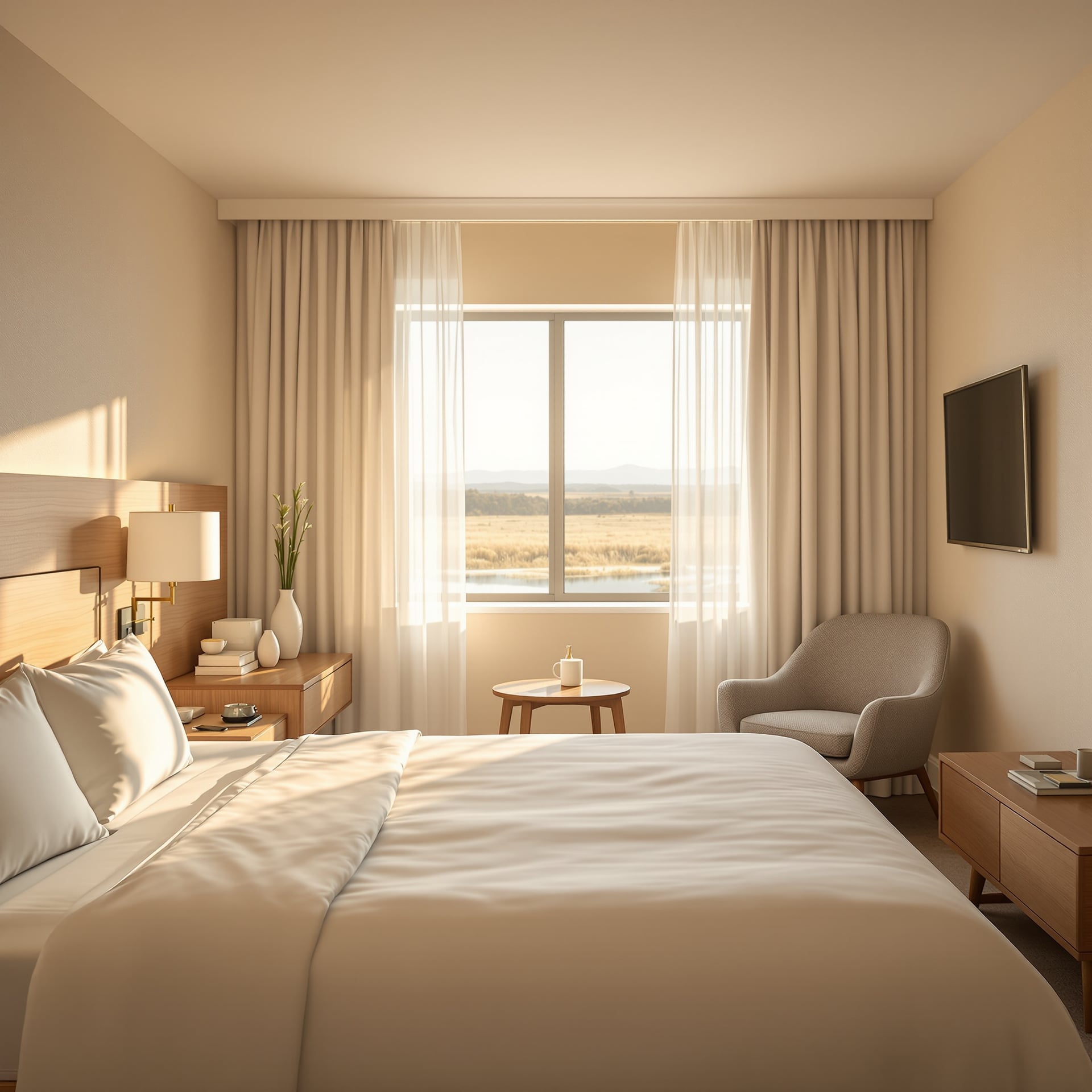 A modern hotel room featuring a bed, a chair, and a large window with a view.