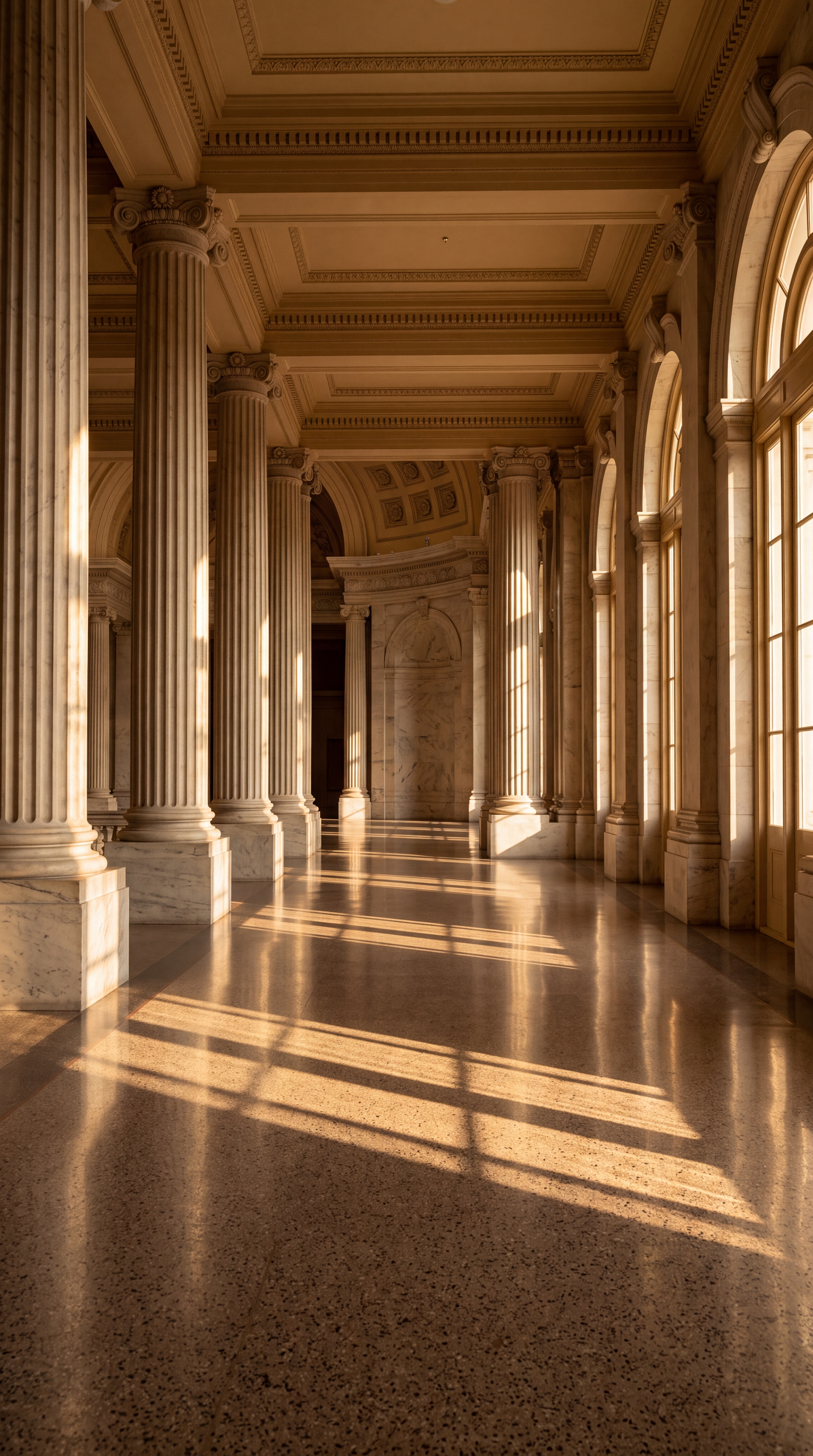 A grand interior space featuring tall columns and large windows casting shadows on the floor.