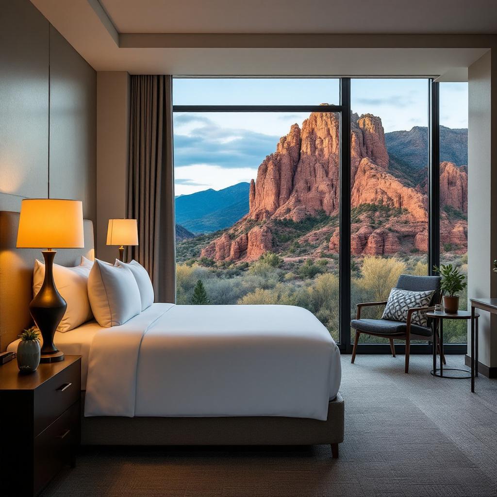 A modern hotel room with a view of red rock formations outside the window.