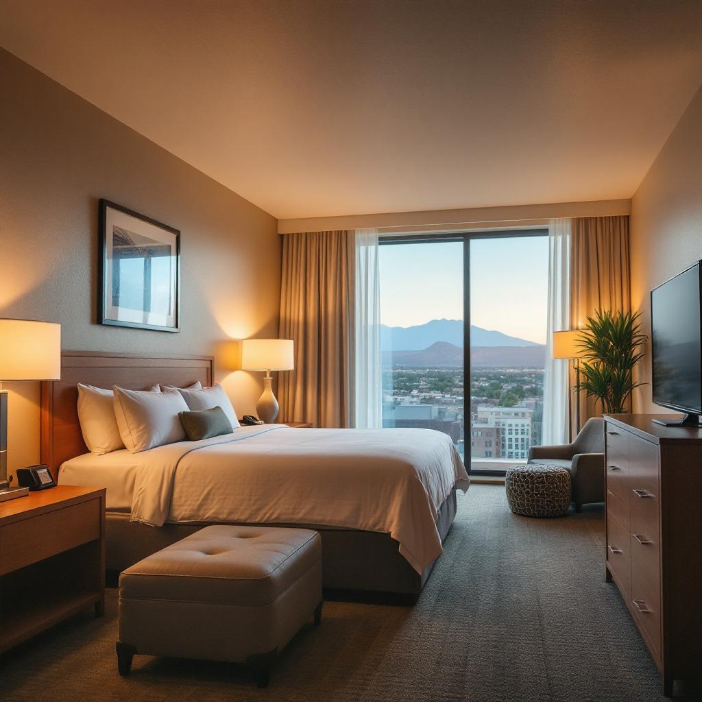 A modern hotel room featuring a large bed, a television, and a view of mountains through a window.