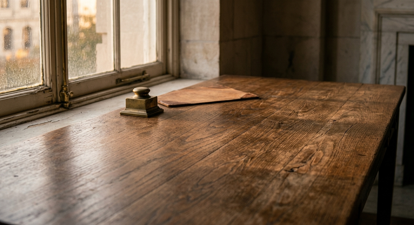 A wooden table with a brass object and an envelope on it, near a window.
