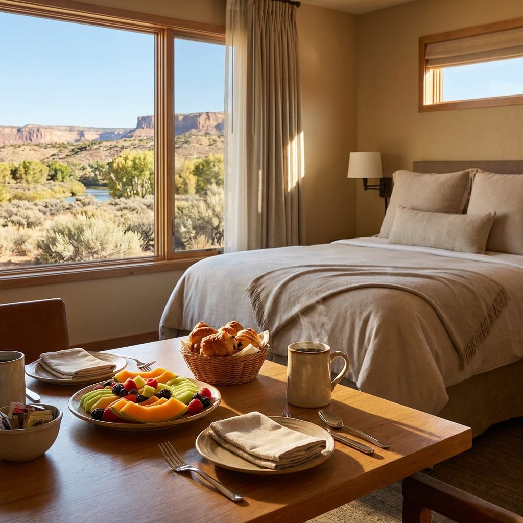 A cozy hotel room featuring a bed, a dining table with fruit and pastries, and a scenic view of mountains outside the window.