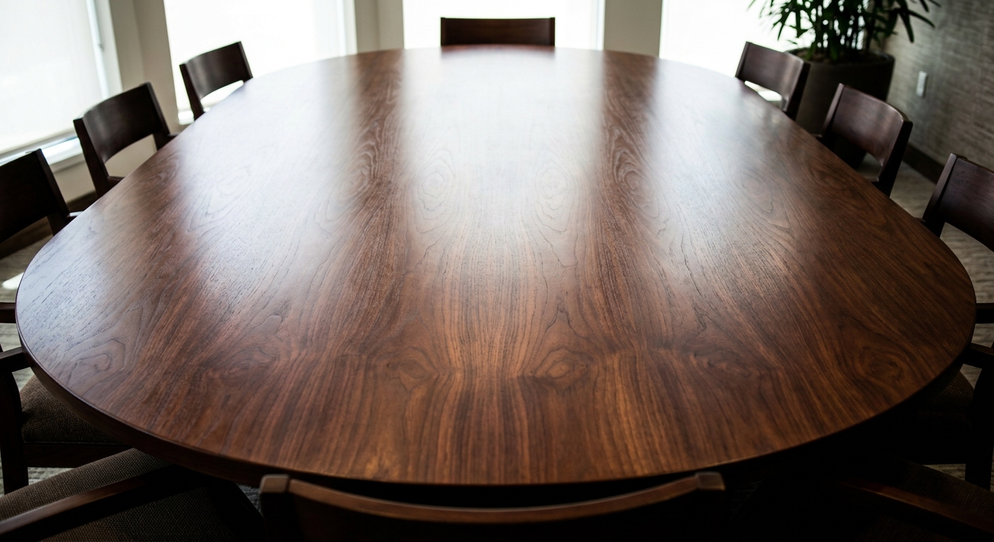 A large oval wooden conference table surrounded by chairs in a well-lit room.