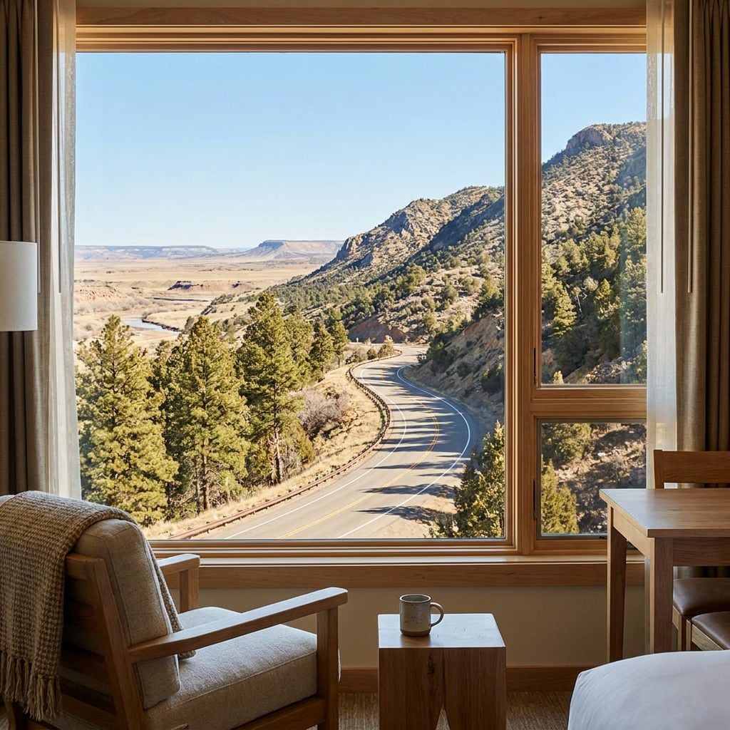 A view of a winding road surrounded by mountains and trees from a hotel room window.