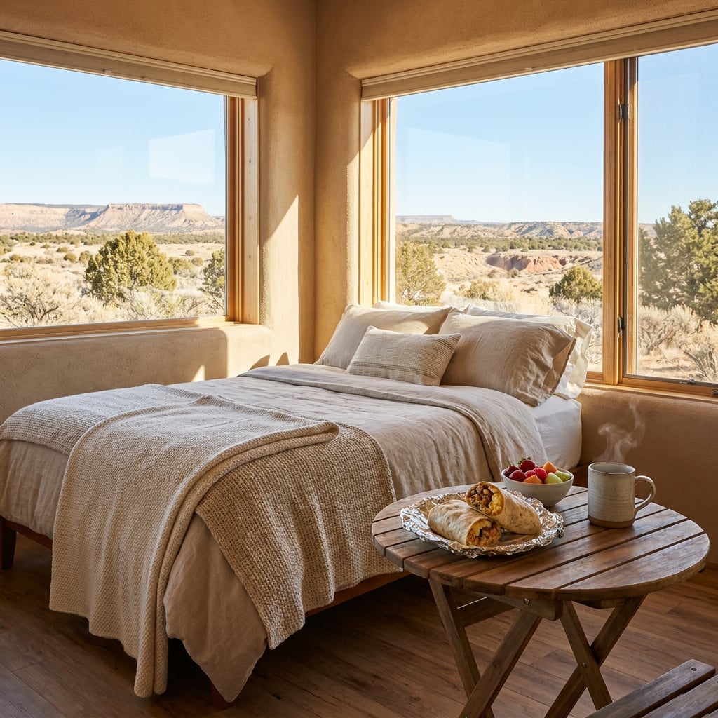 A cozy bedroom with a bed and a breakfast tray featuring food and a drink, overlooking a desert landscape through large windows.