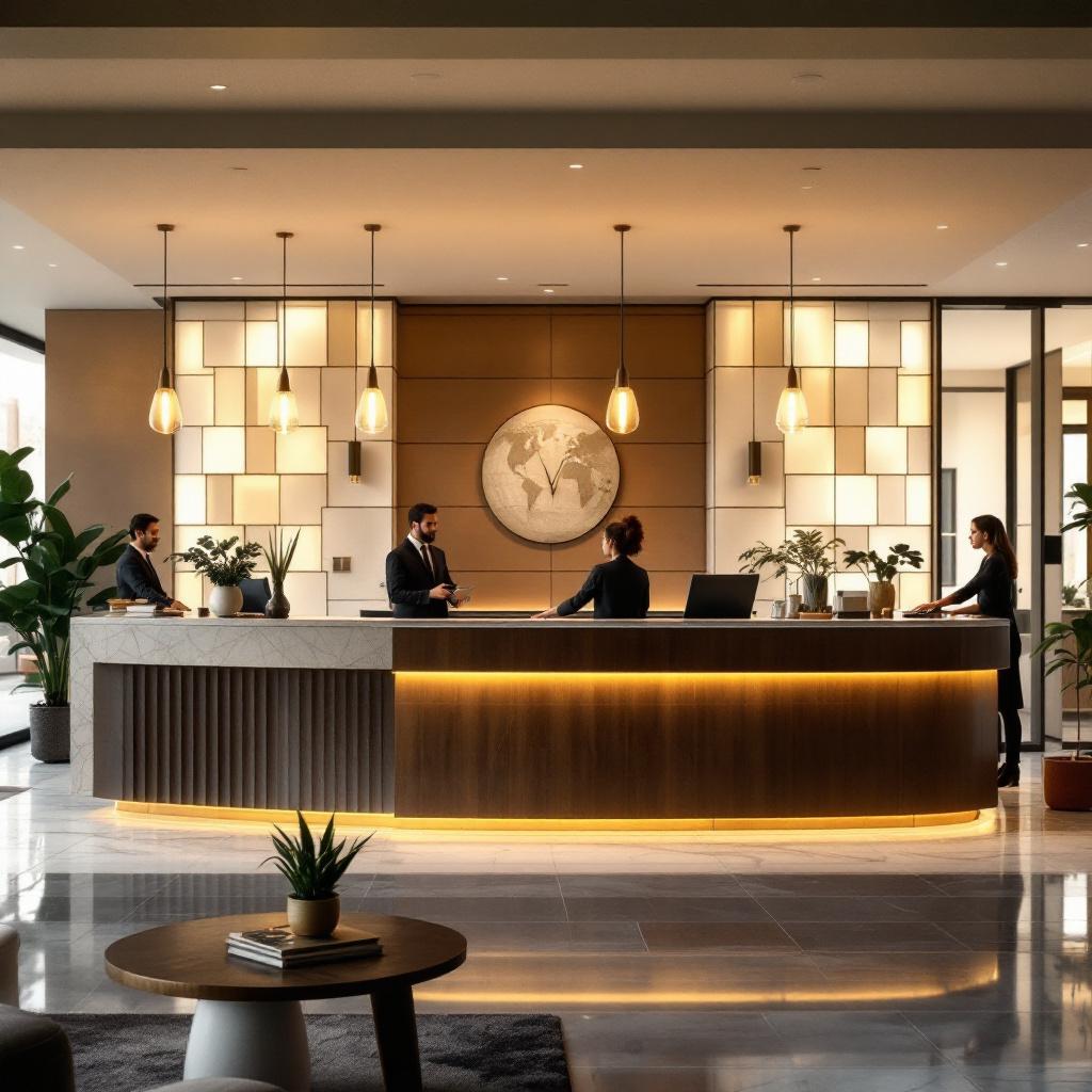 A modern hotel reception area with staff attending to guests.