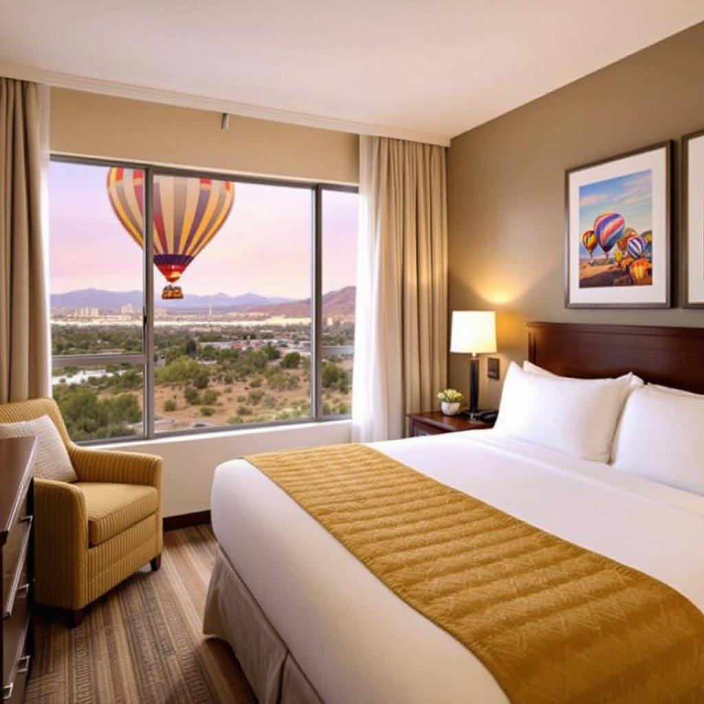 A hotel room with a view of hot air balloons outside the window.
