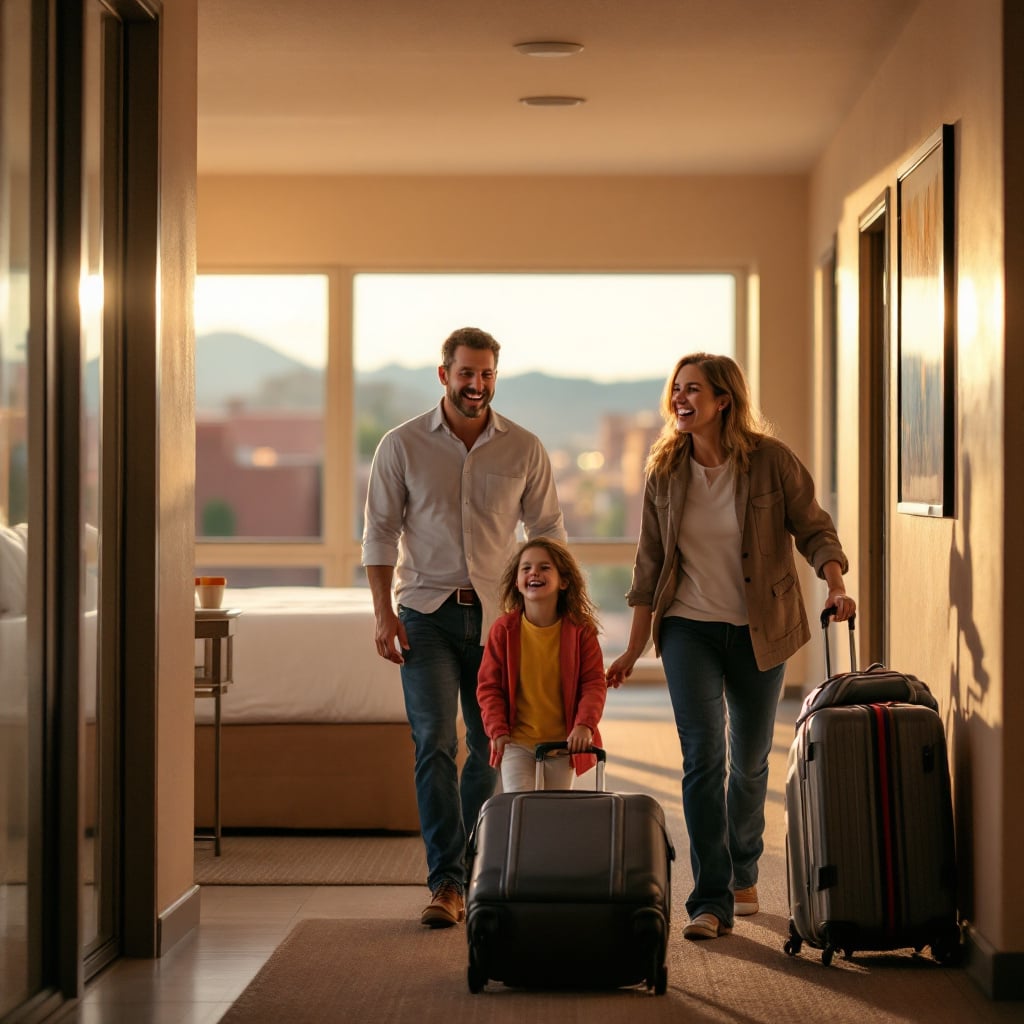 A family of three is walking down a hotel hallway with luggage.