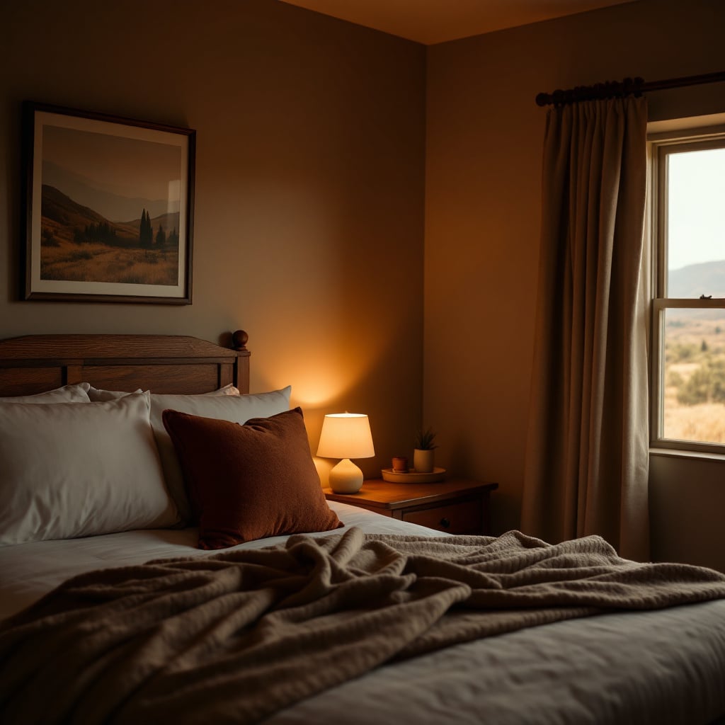 A cozy bedroom with a bed, lamp, and window showing a scenic view.