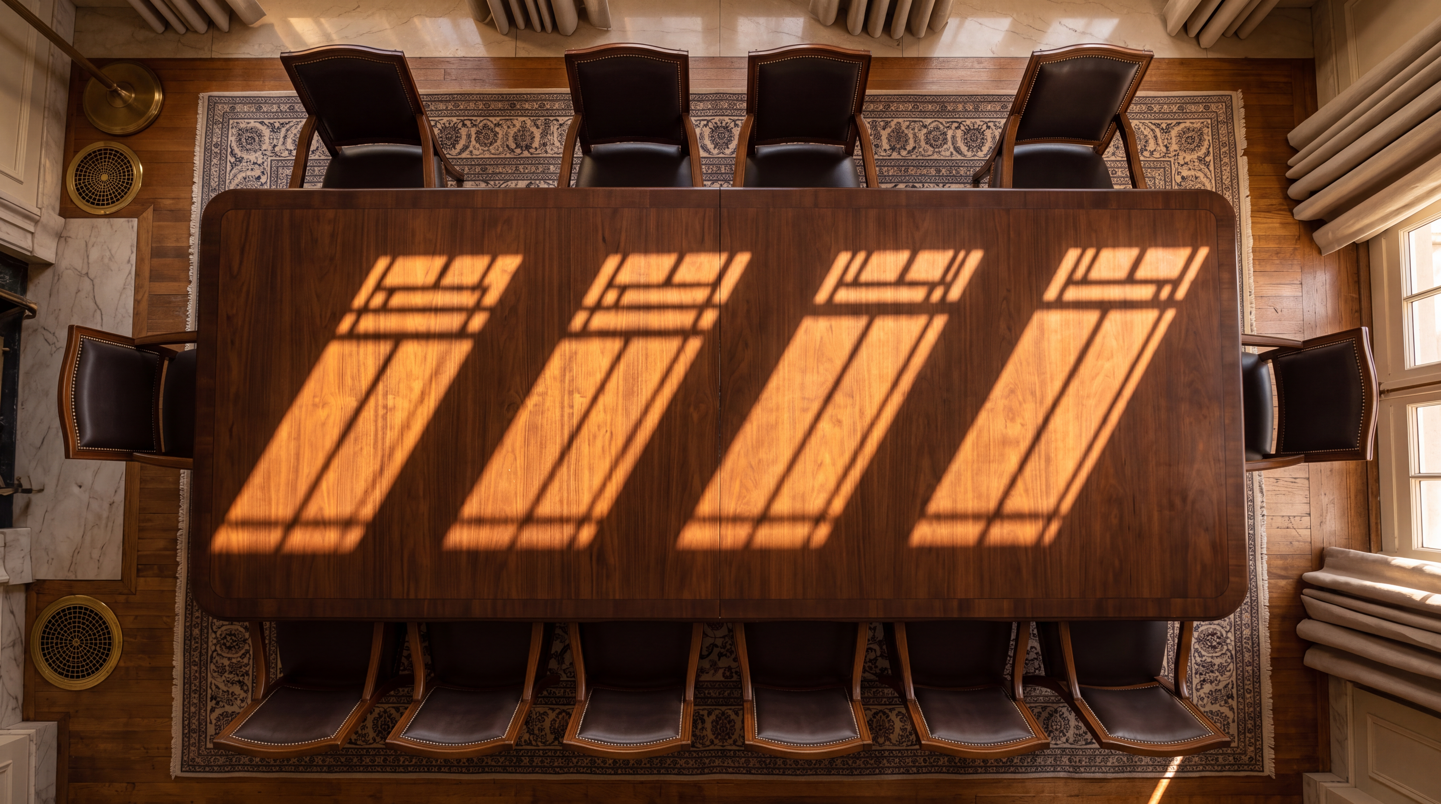A large wooden conference table surrounded by leather chairs, with sunlight casting shadows on the surface.
