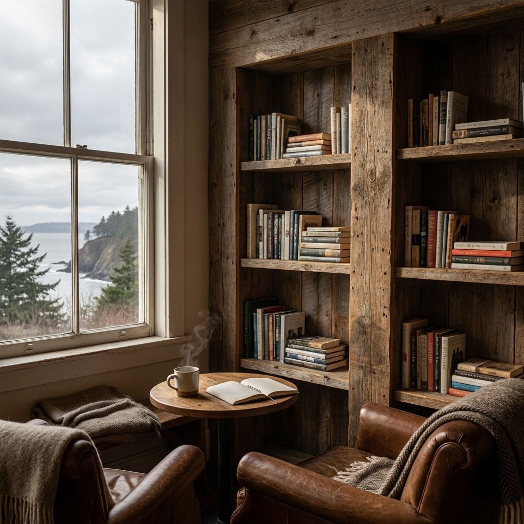 A cozy reading nook with bookshelves, a small table, and a view of the coast.