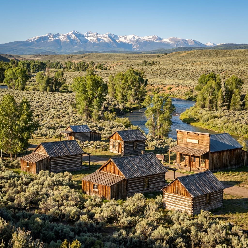 A scenic view of wooden cabins surrounded by greenery and mountains in the background.
