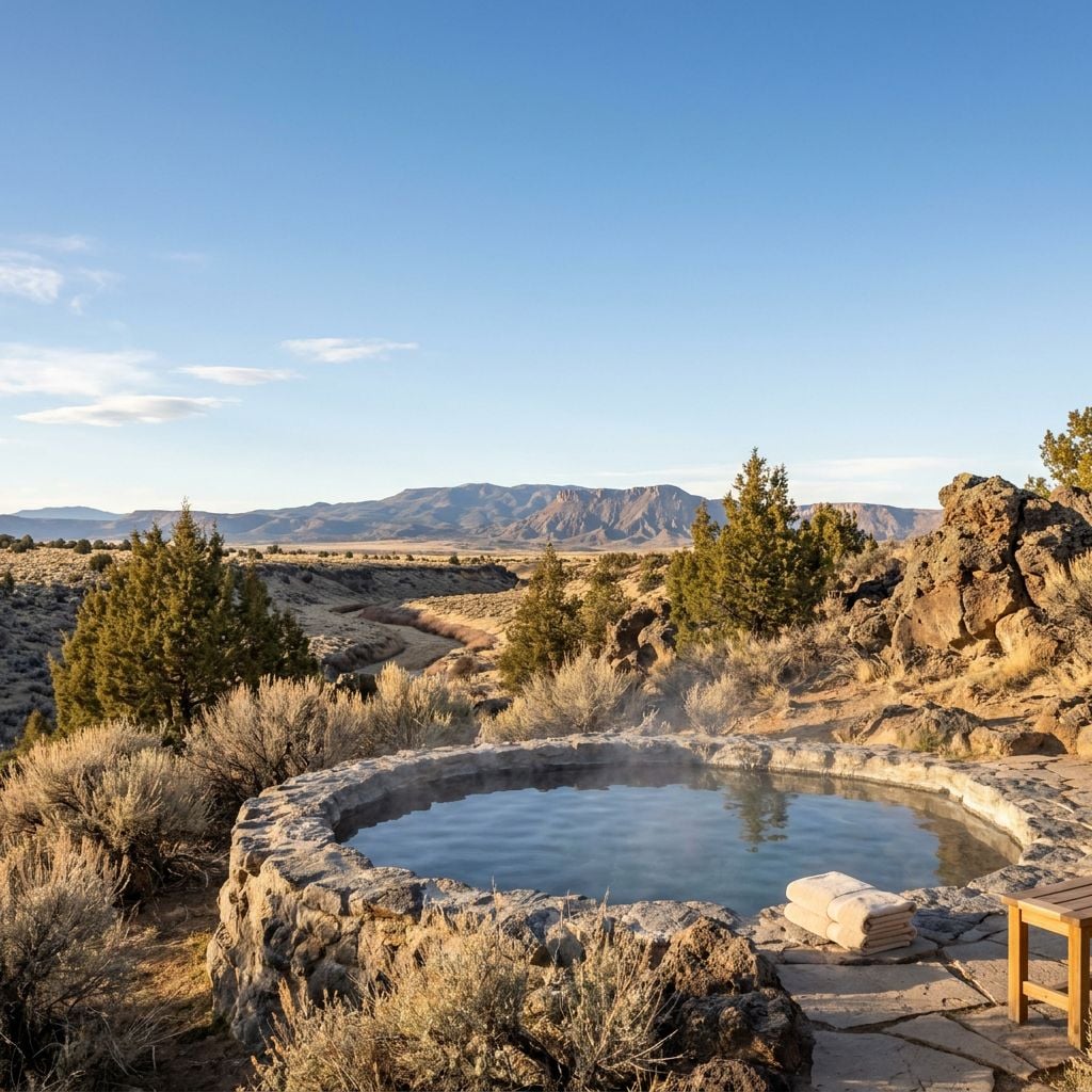 A hot spring surrounded by rocky terrain and sparse vegetation with mountains in the background.