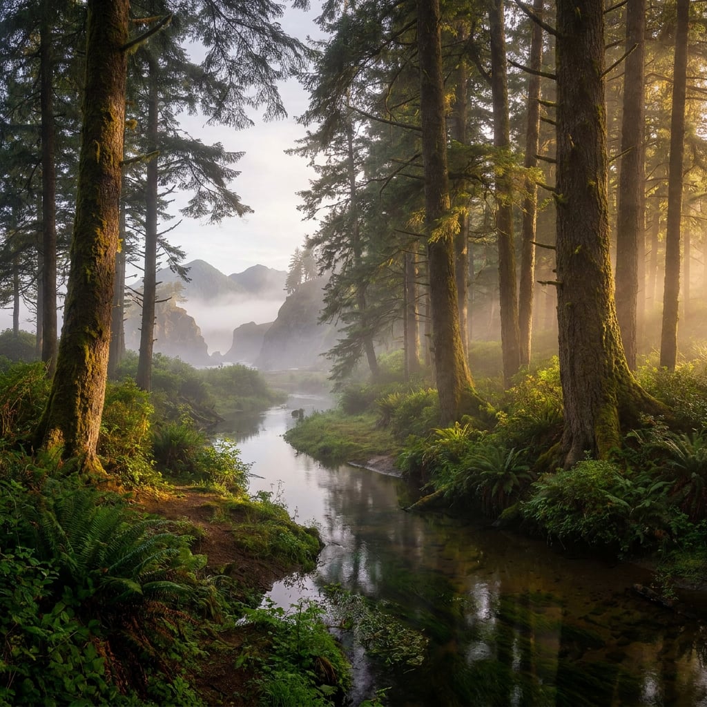 A serene forest scene with a river flowing through tall trees and misty mountains in the background.