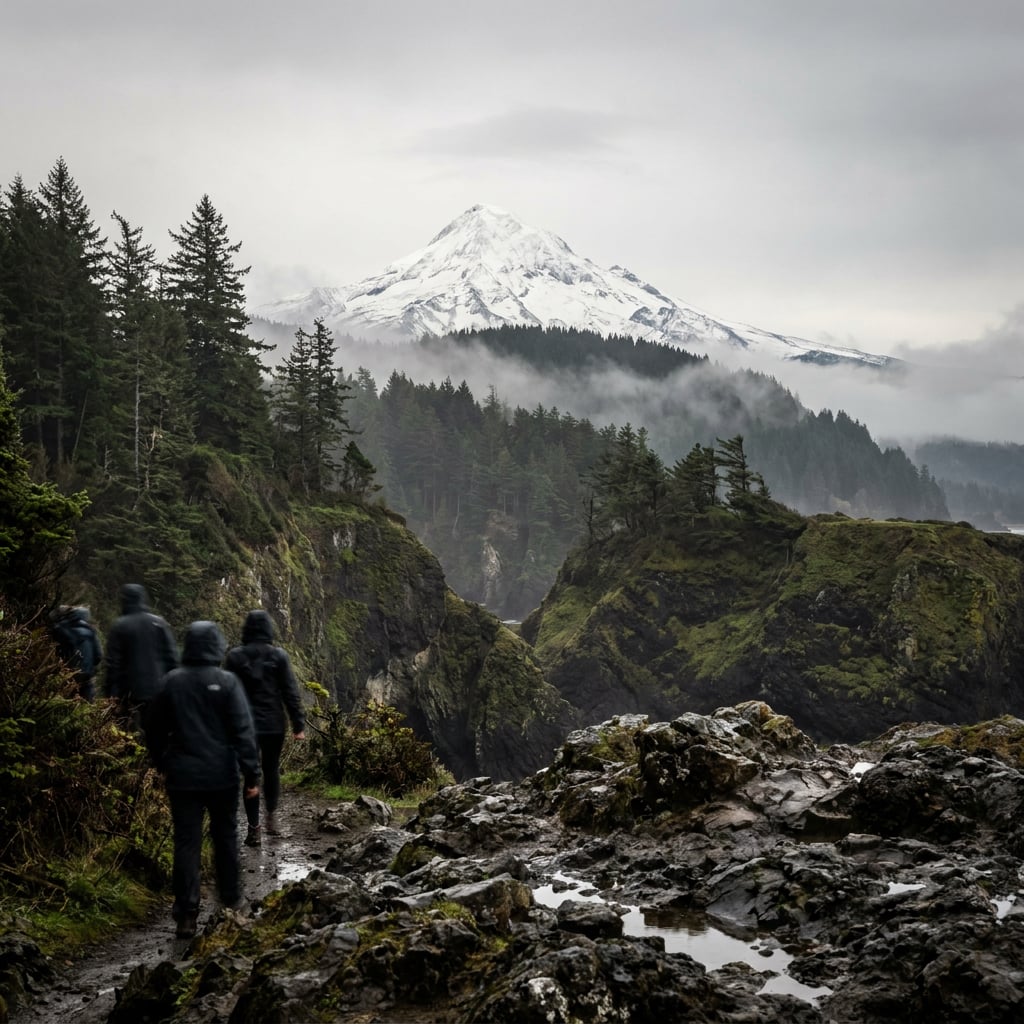 A group of hikers walking along a rocky trail with a snow-capped mountain in the background.