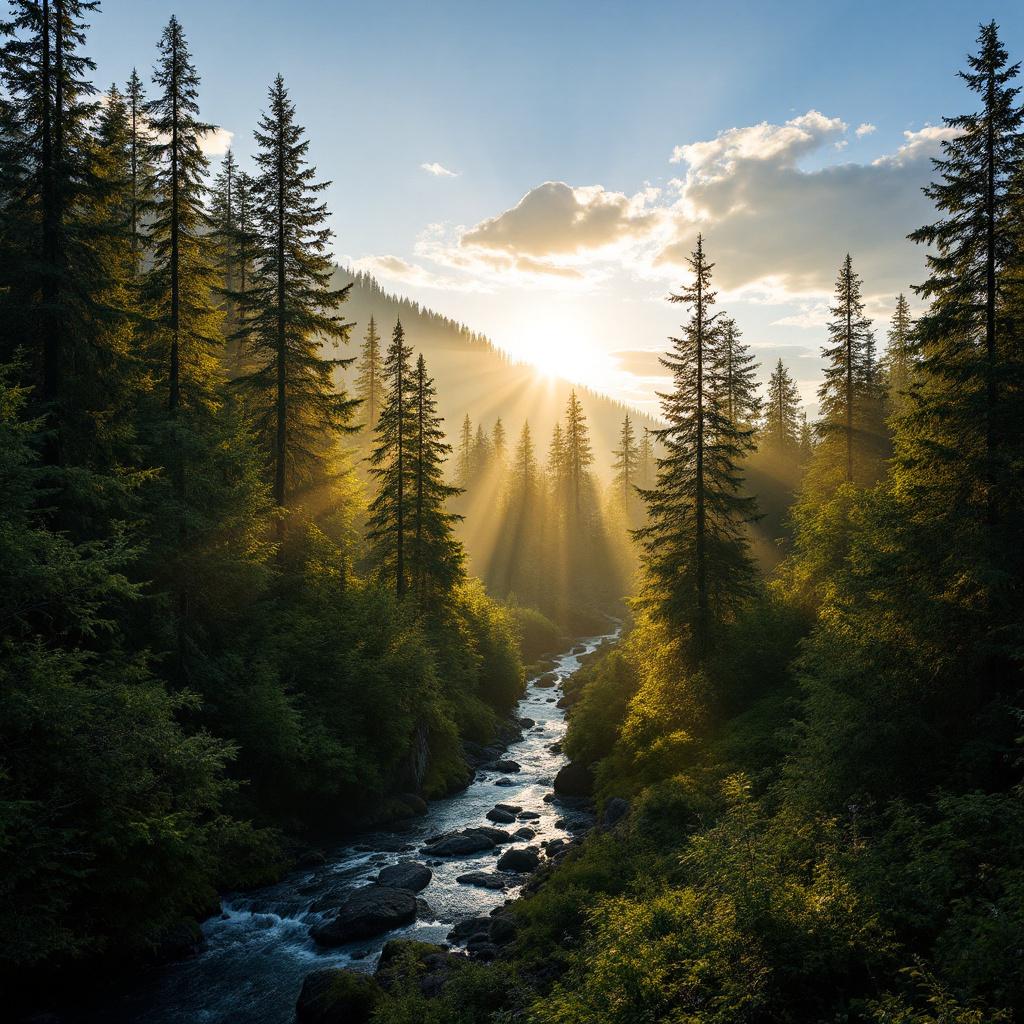 A serene forest landscape with a river flowing through tall trees and sunlight streaming down.
