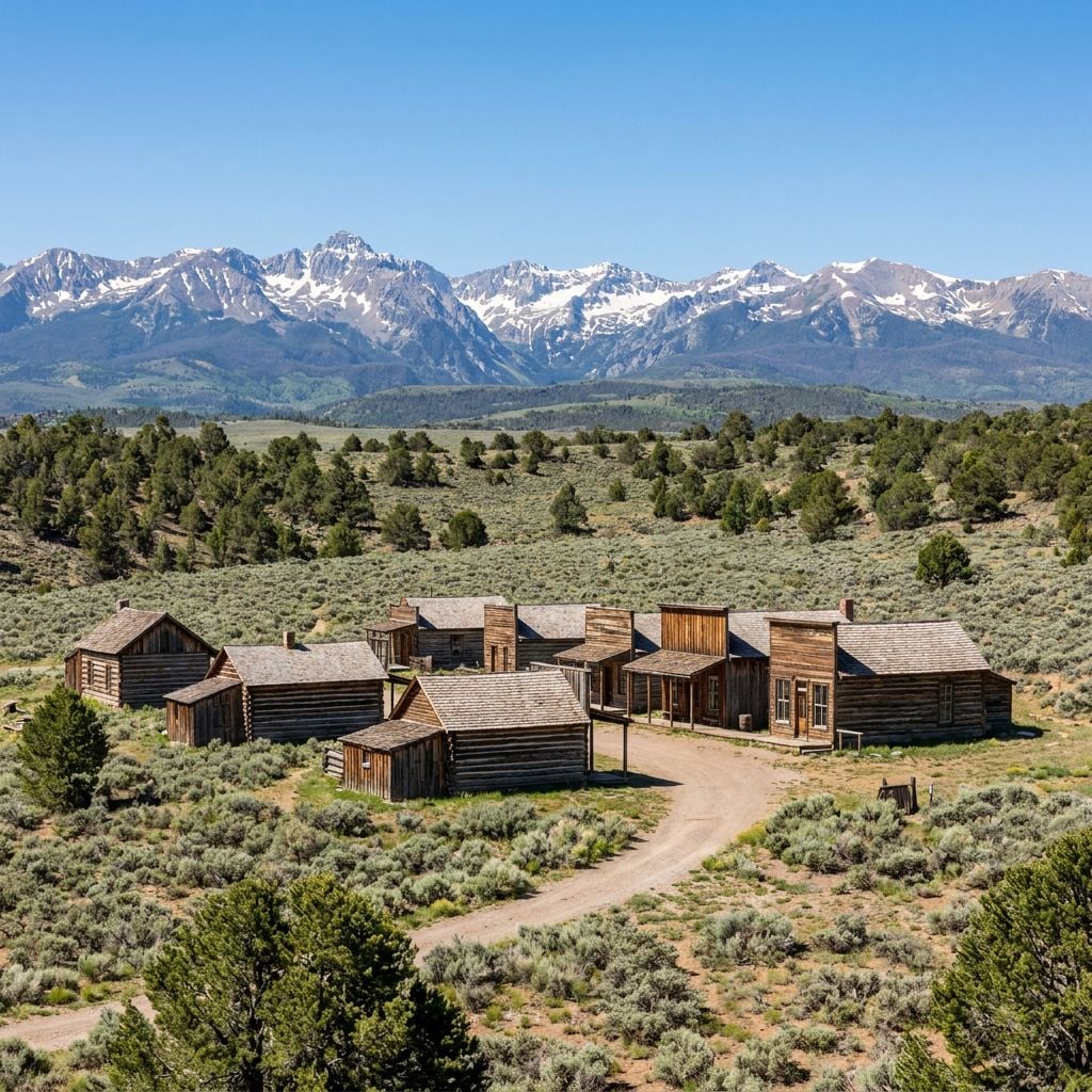 A historic wooden settlement surrounded by mountains and greenery.