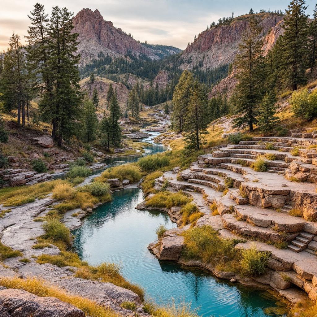 A serene landscape featuring a river flowing through rocky terrain and surrounded by trees and mountains.