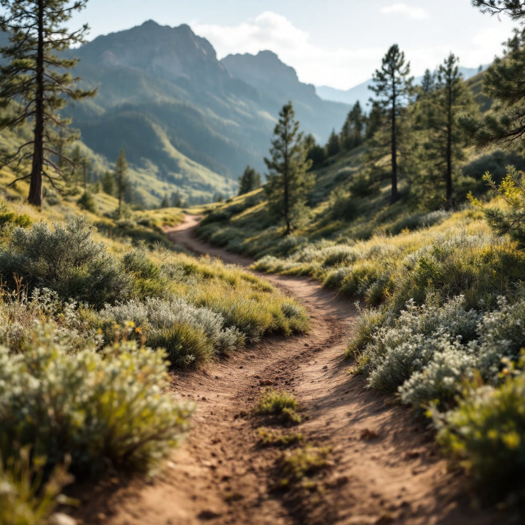 A winding dirt path through a lush green landscape with mountains in the background.