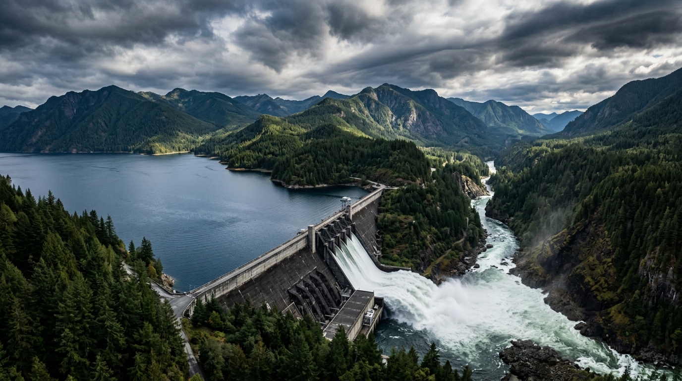 A dam releasing water into a river surrounded by mountains and forests.