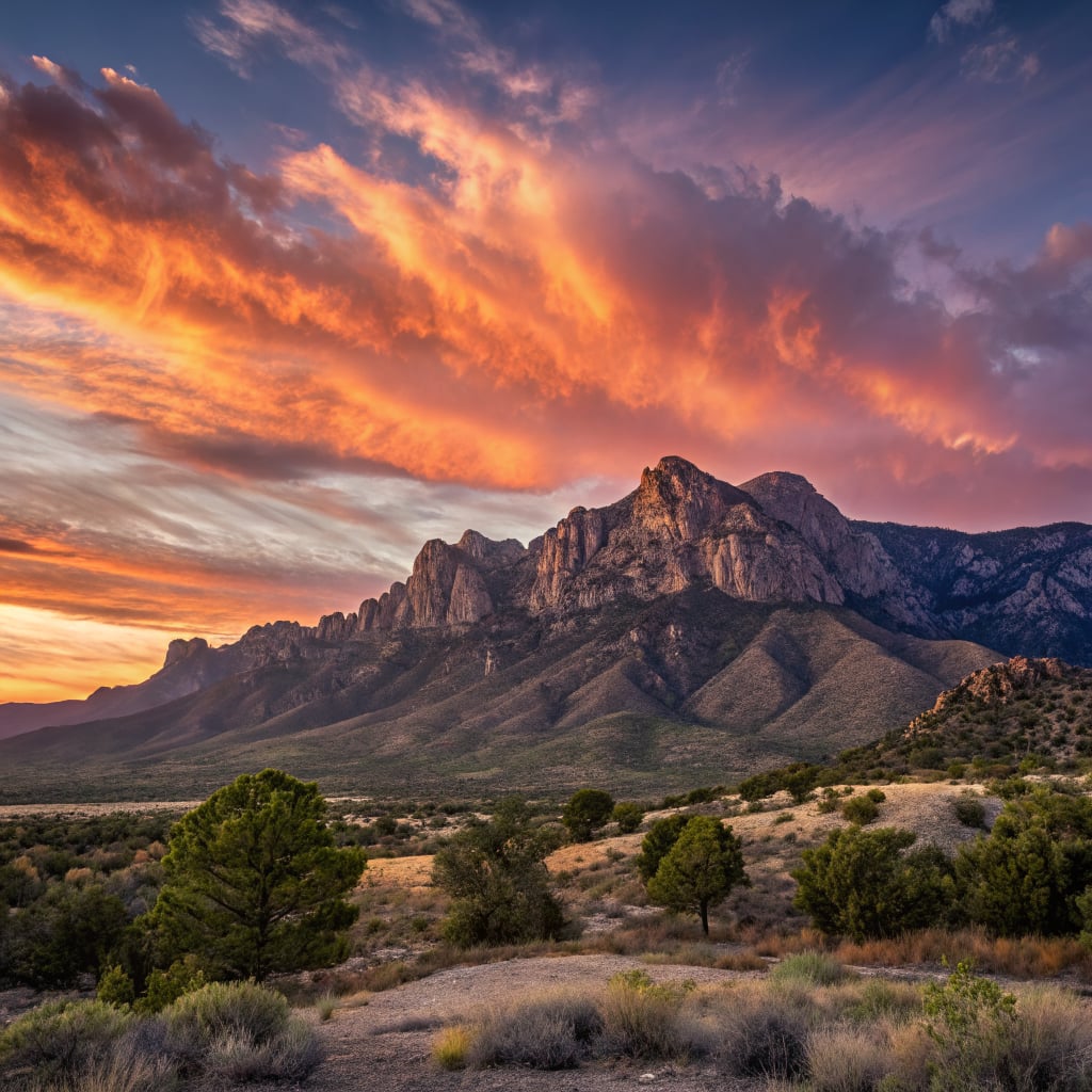 A dramatic sunset over rugged mountains with colorful clouds.