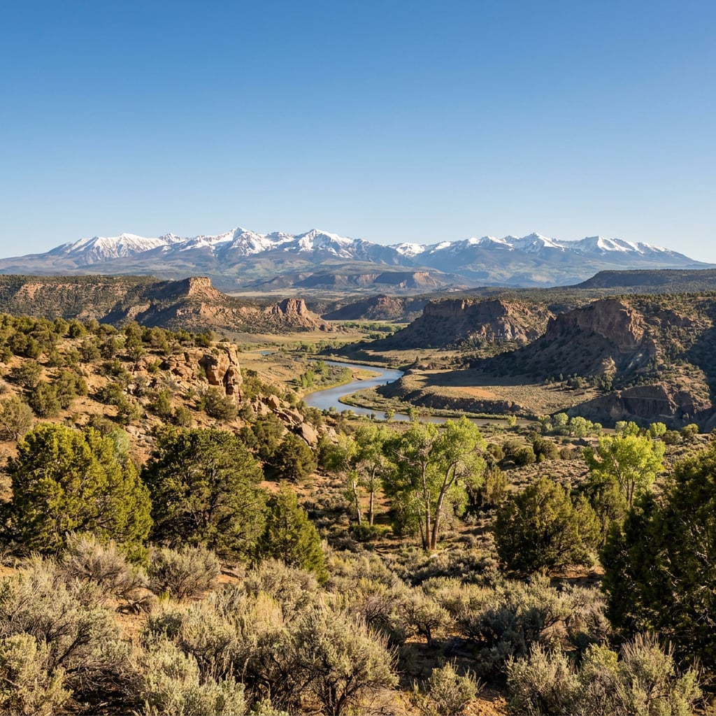A scenic view of a river winding through a mountainous landscape with snow-capped peaks in the background.