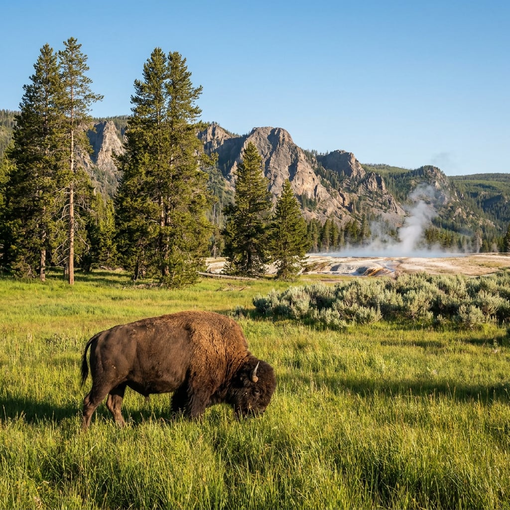 A bison grazing in a grassy field with mountains and steam rising in the background.