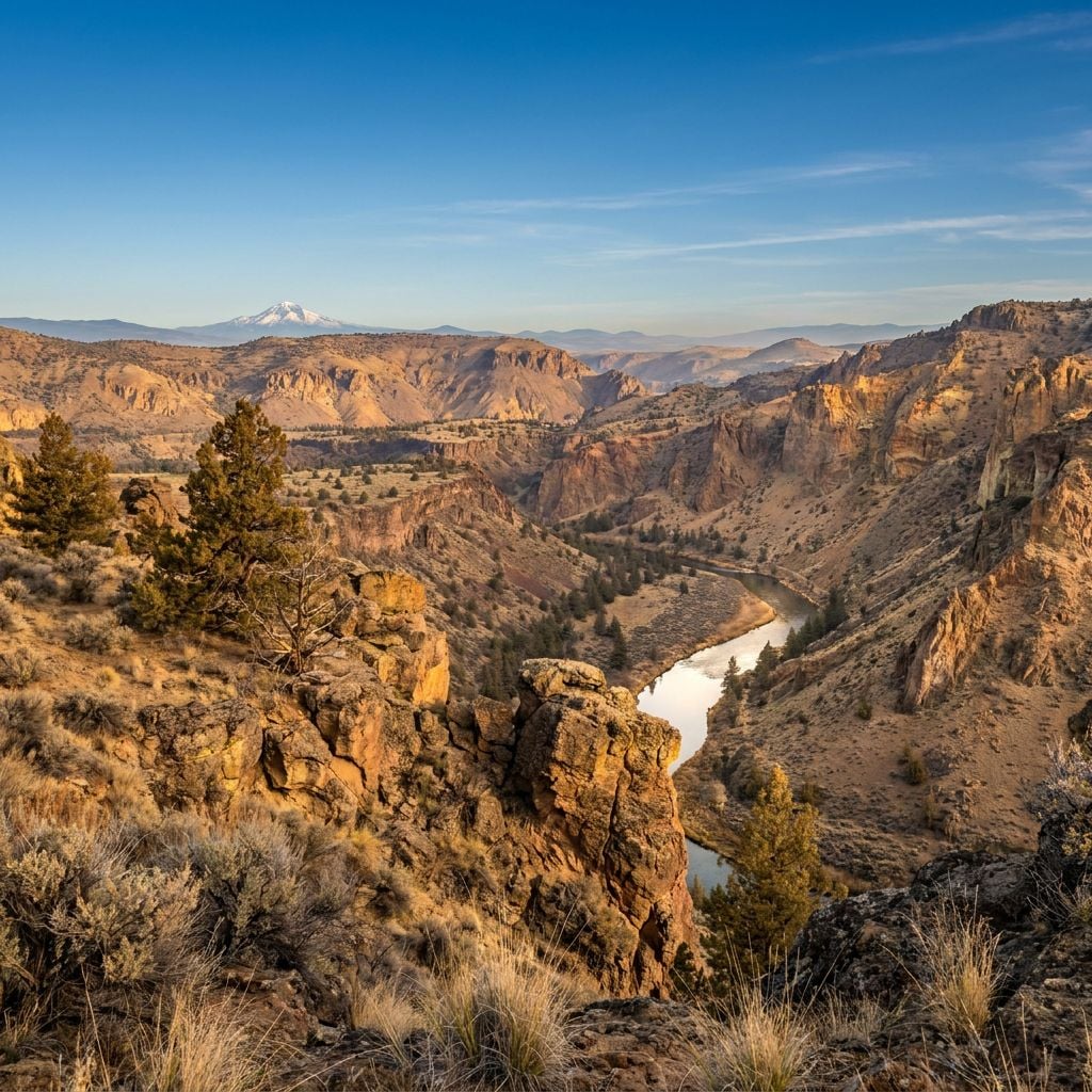 A scenic view of a river winding through rocky canyons with mountains in the background.