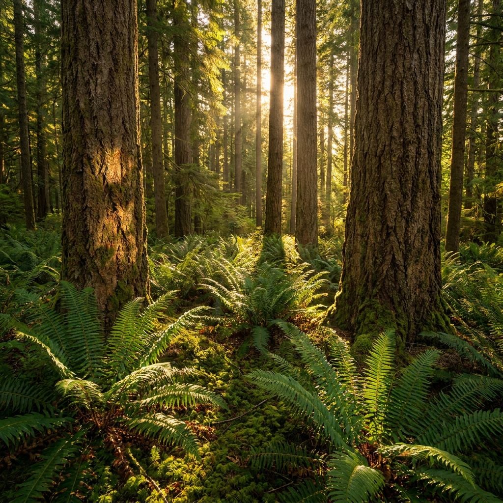 A serene forest scene with tall trees and ferns illuminated by sunlight.
